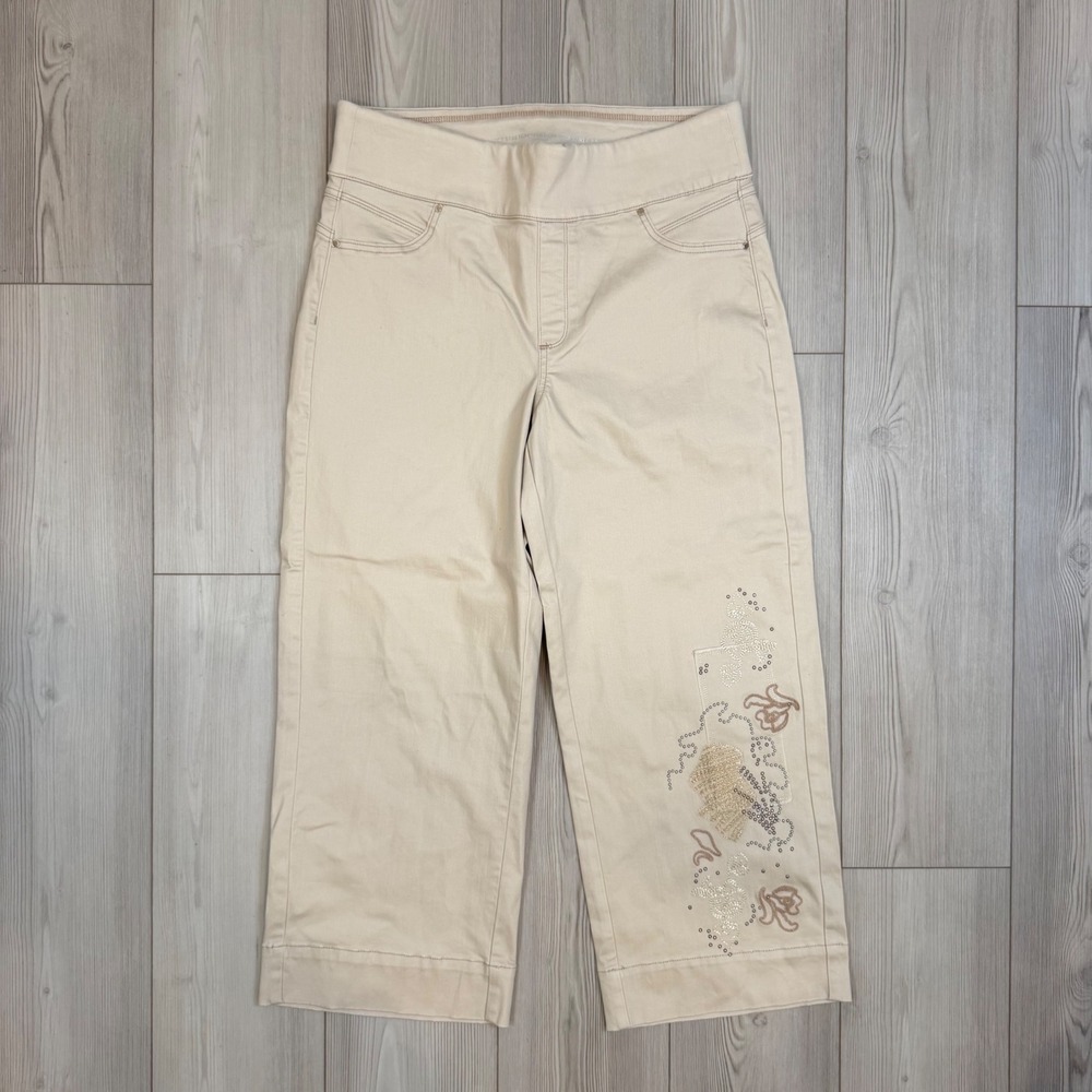 Chicos Perfect Stretch Pull On Wide Ankle Pants Tan Embroidered Beaded Sz 2.5 14